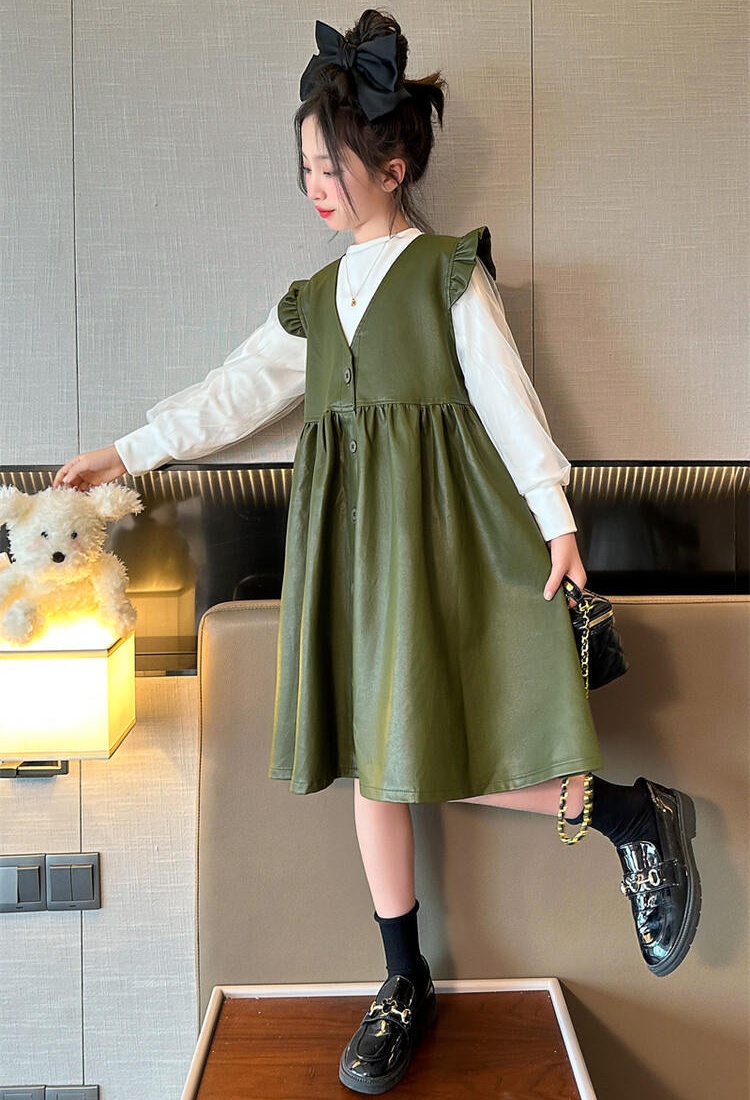 Spring autumn leather skirt girl dress 2pcs set