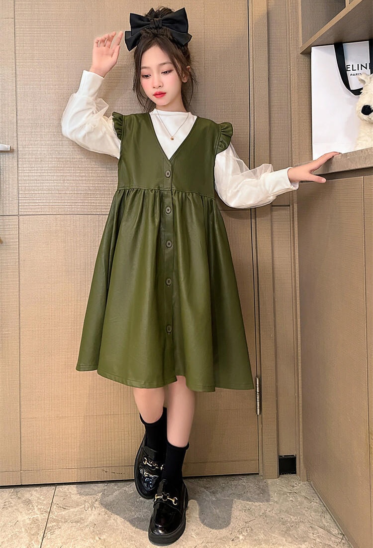 Spring autumn leather skirt girl dress 2pcs set