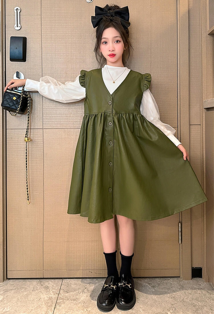 Spring autumn leather skirt girl dress 2pcs set