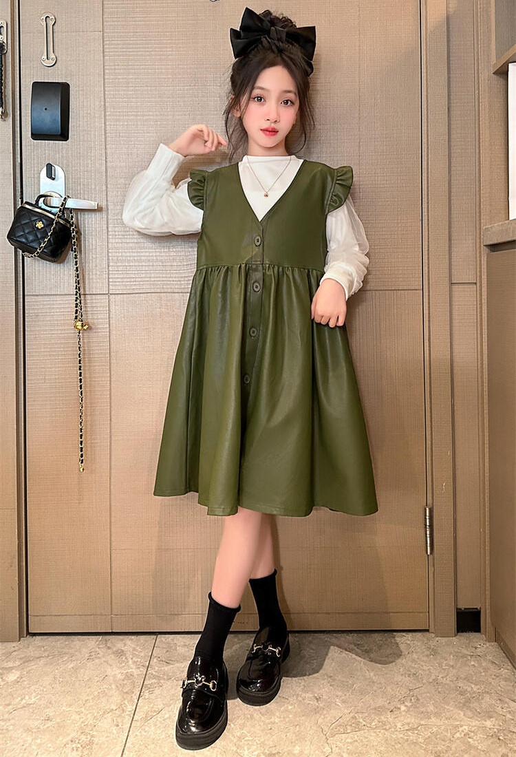 Spring autumn leather skirt girl dress 2pcs set