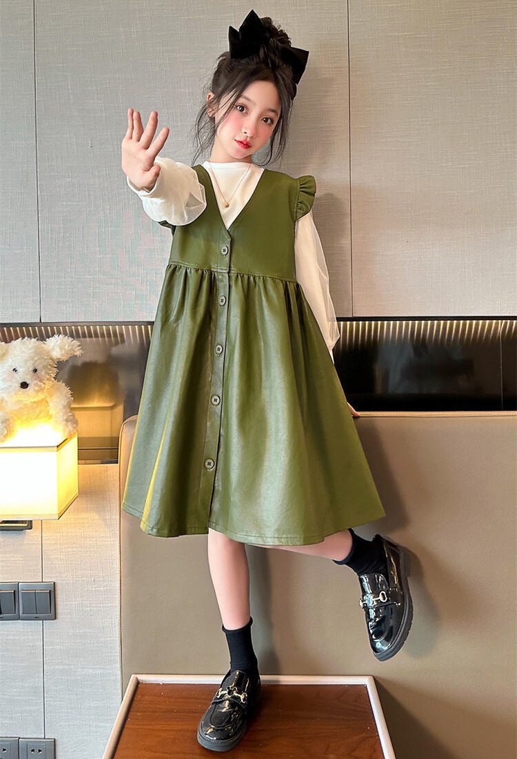 Spring autumn leather skirt girl dress 2pcs set