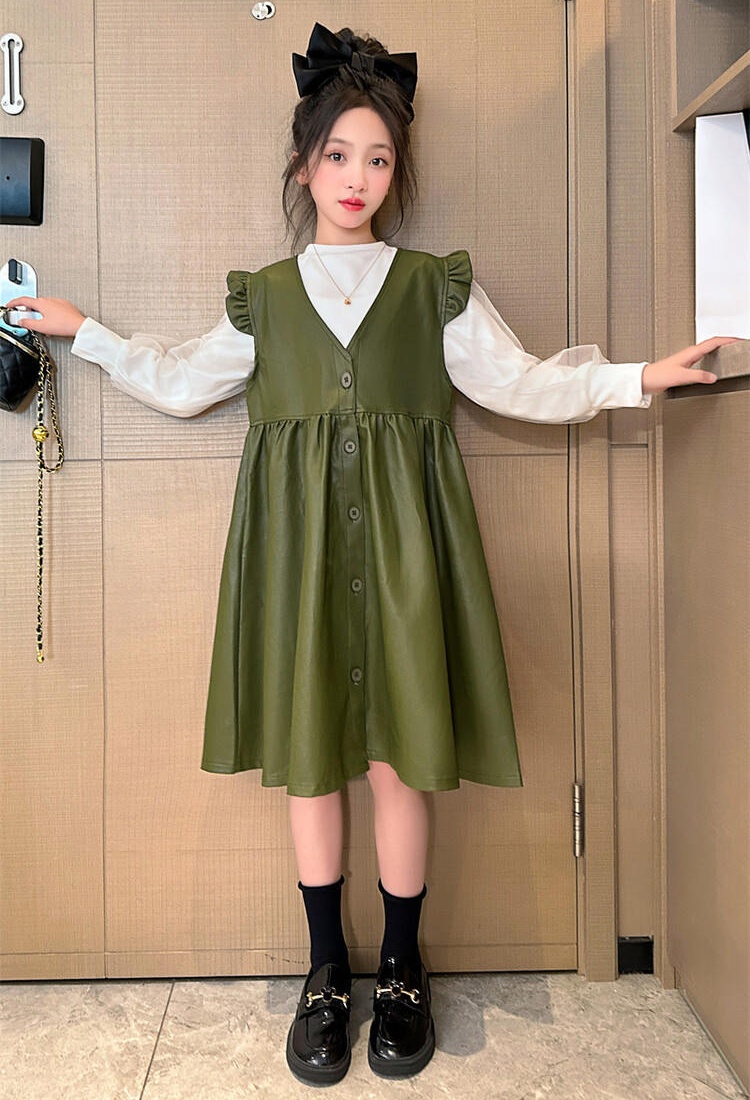 Spring autumn leather skirt girl dress 2pcs set