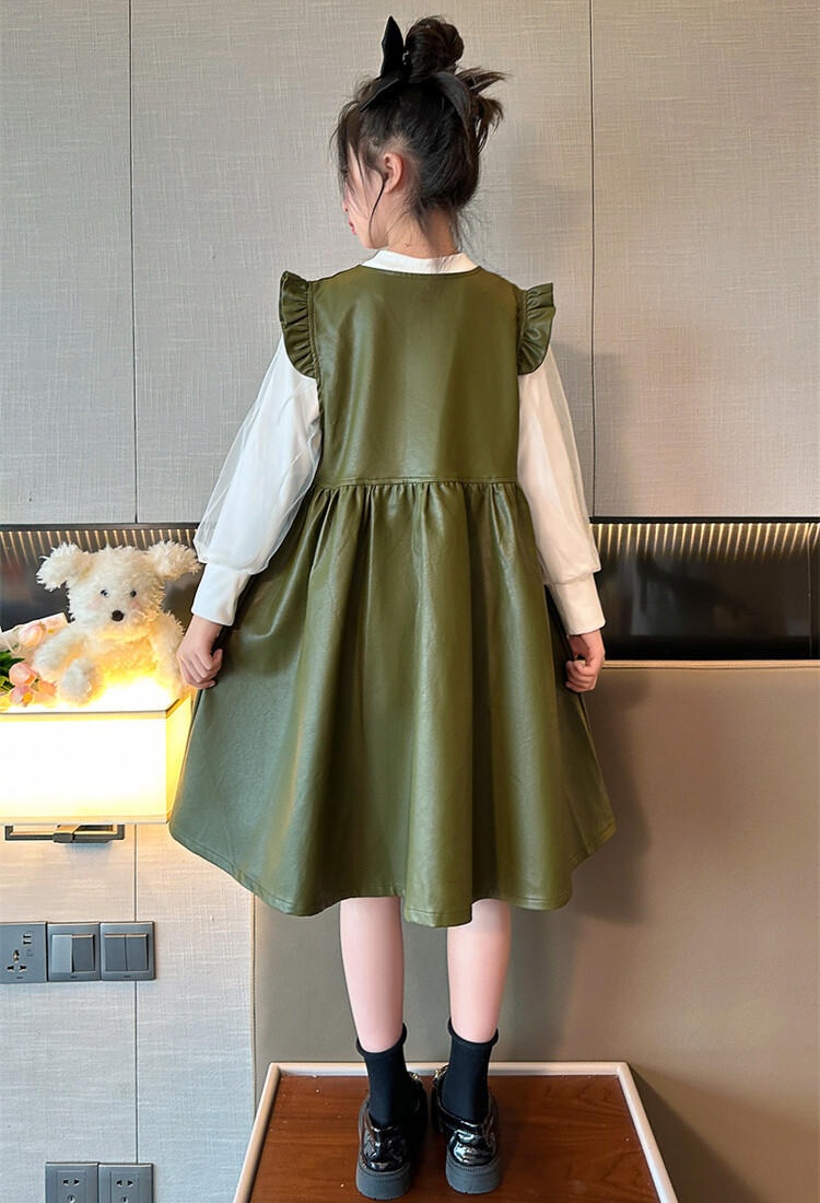 Spring autumn leather skirt girl dress 2pcs set