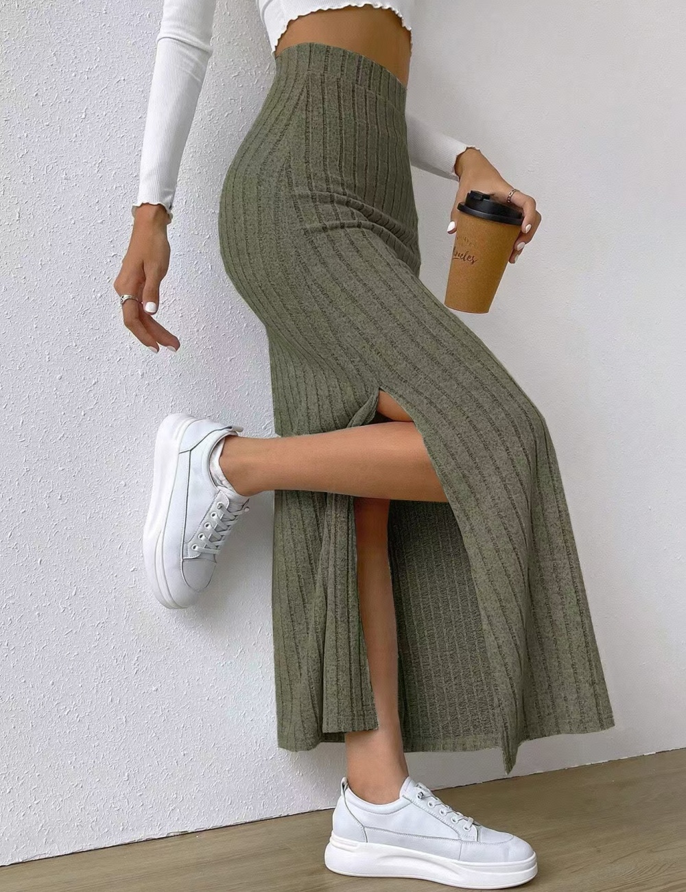 Slit European style sueding side pit stripe long skirt