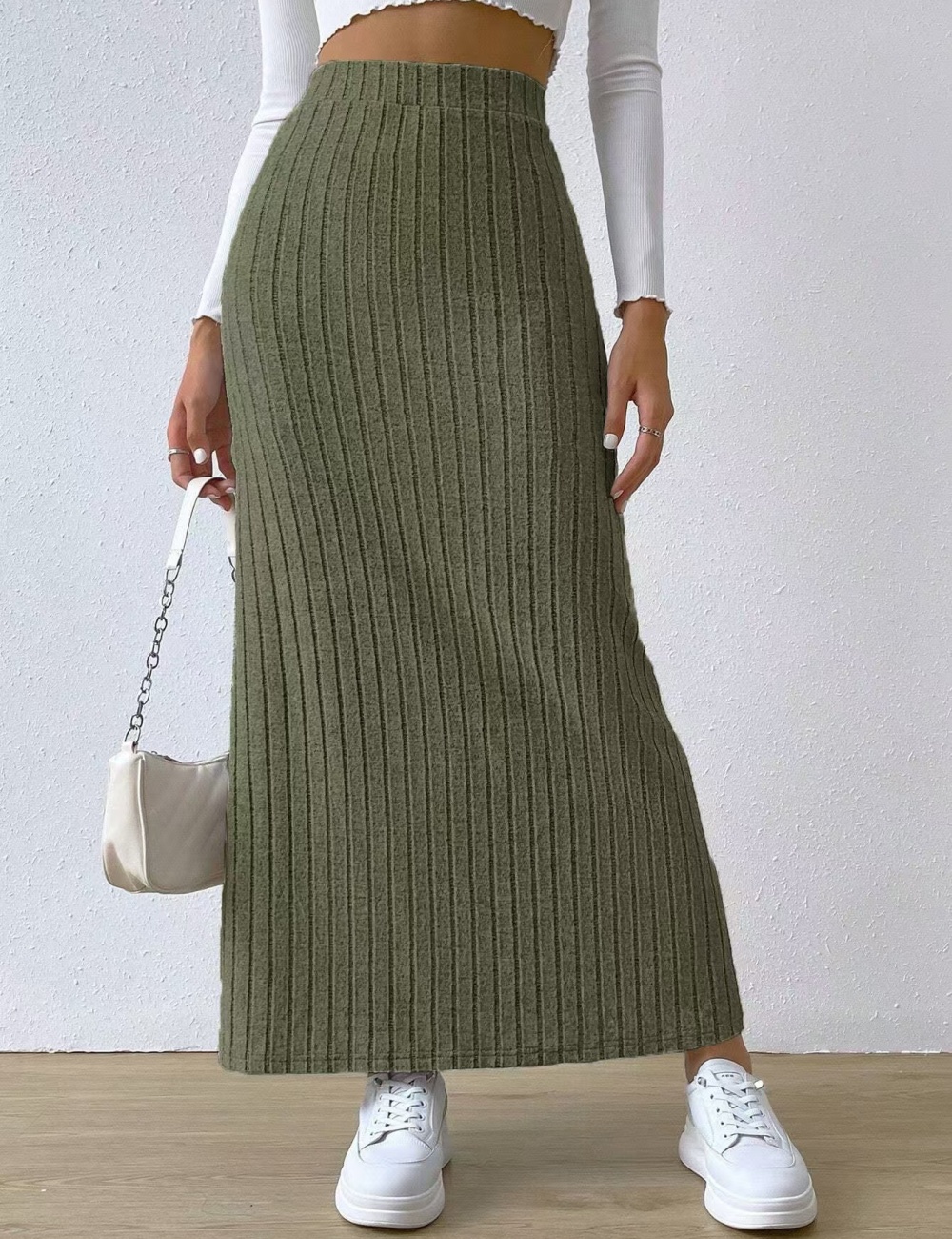 Slit European style sueding side pit stripe long skirt