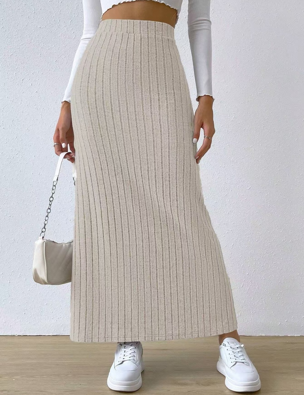 Slit European style sueding side pit stripe long skirt