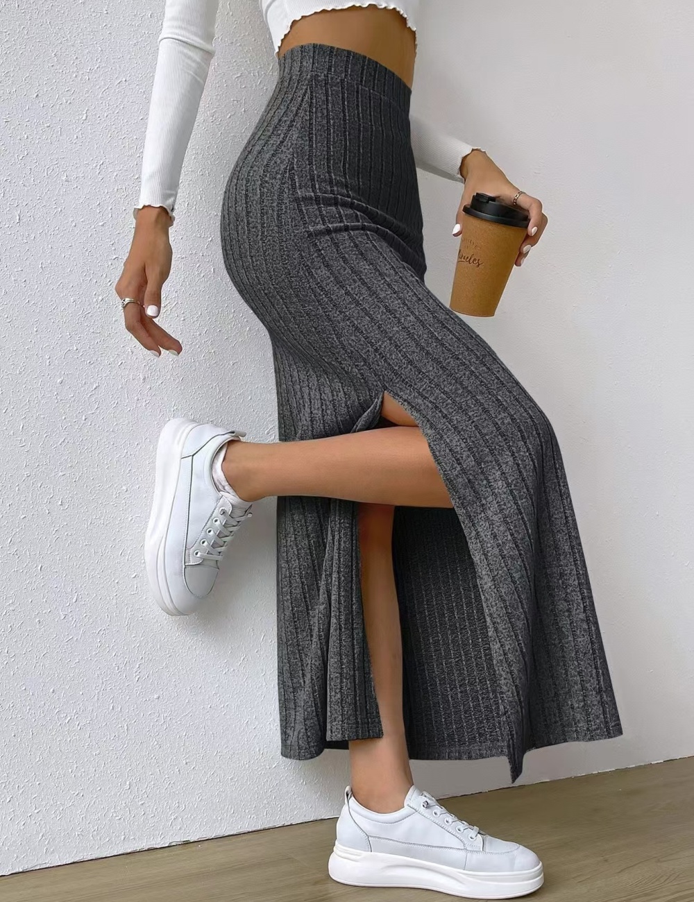 Slit European style sueding side pit stripe long skirt