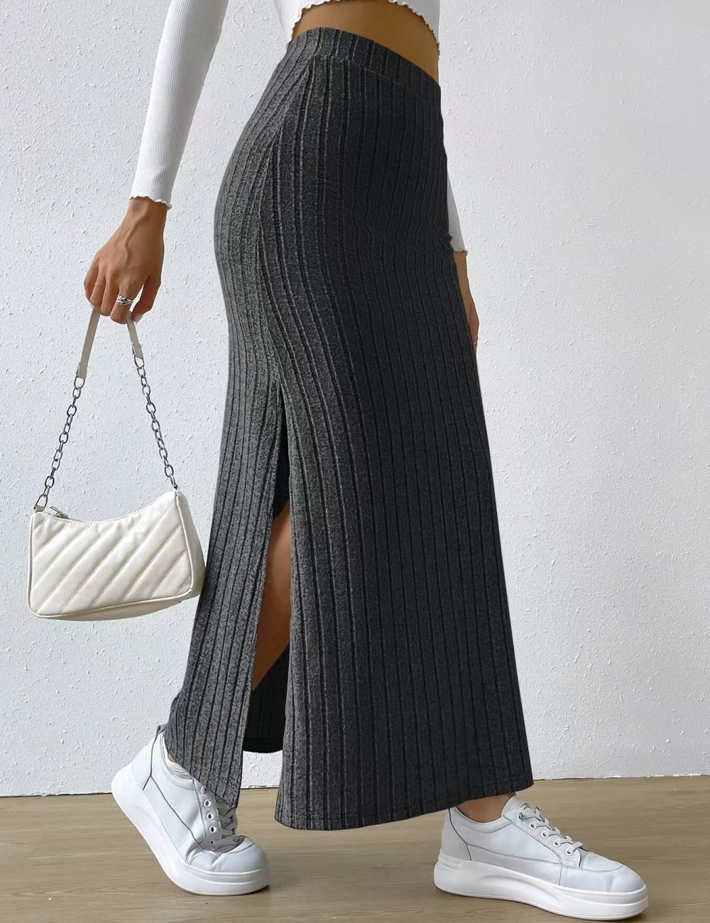 Slit European style sueding side pit stripe long skirt