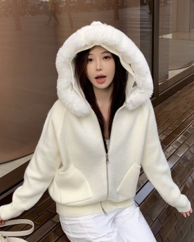 White removable long cardigan wool fur collar sweater