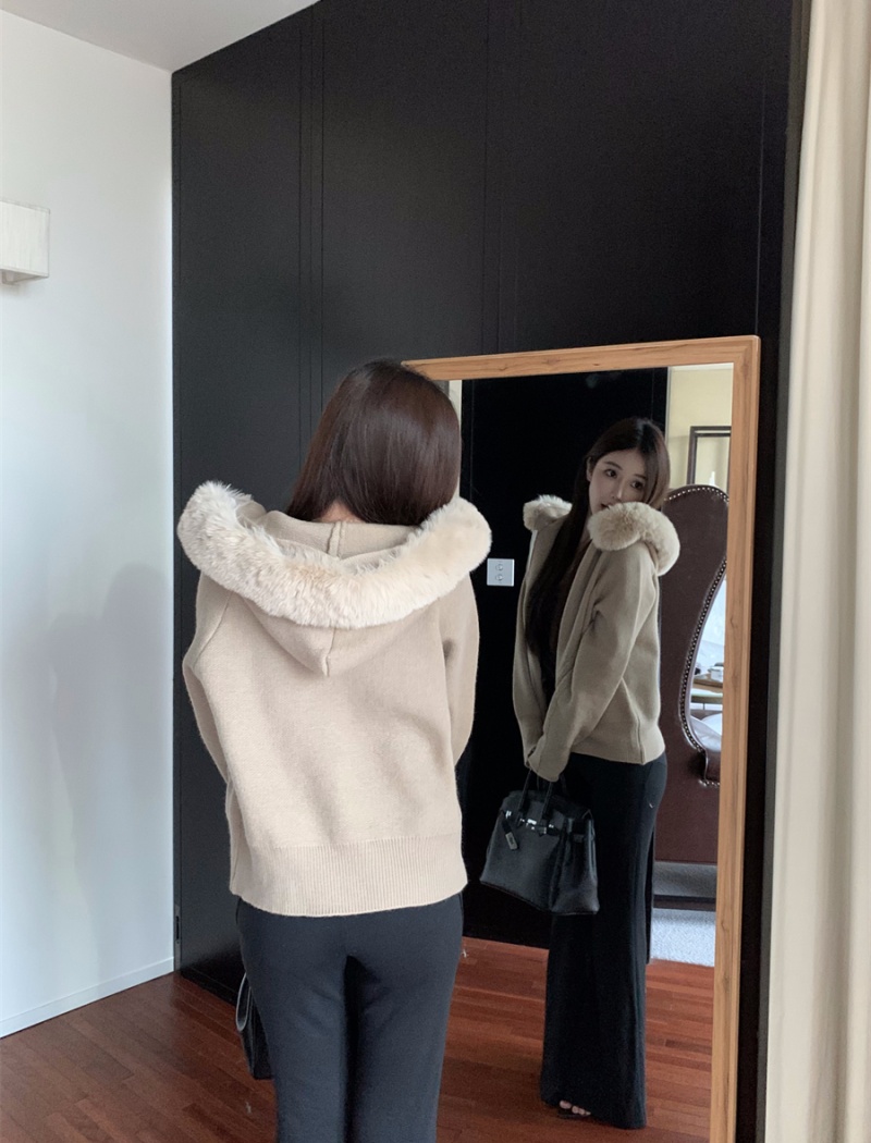 White removable long cardigan wool fur collar sweater