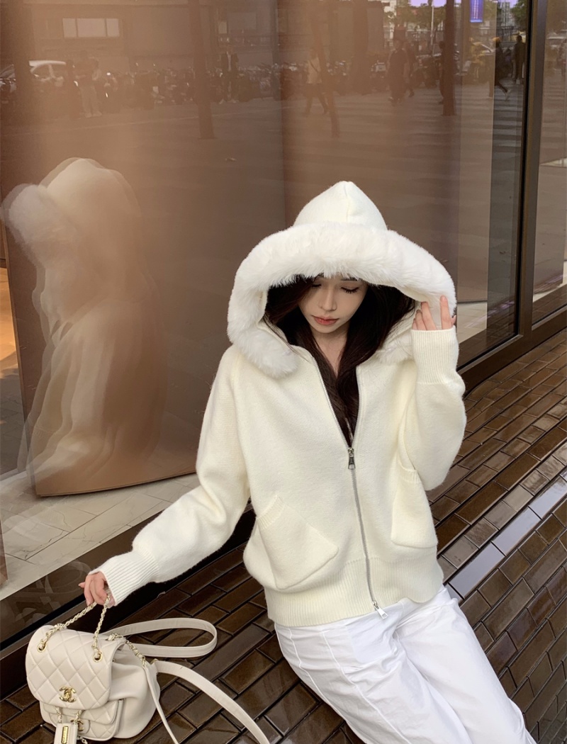 White removable long cardigan wool fur collar sweater