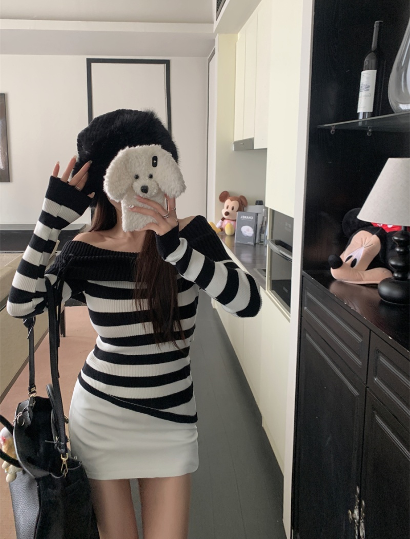 Stripe mixed colors sweater spicegirl slim tops