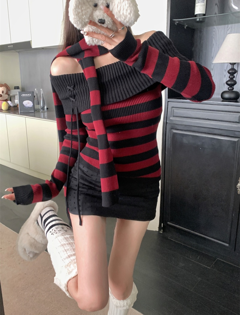 Stripe mixed colors sweater spicegirl slim tops