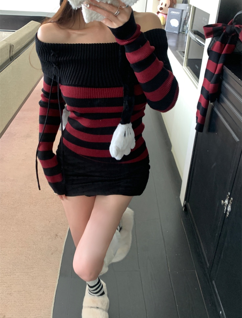 Stripe mixed colors sweater spicegirl slim tops