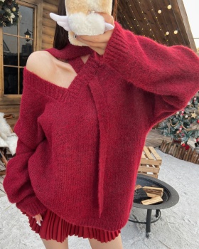 Korean style V-neck halter loose cross slim sweater