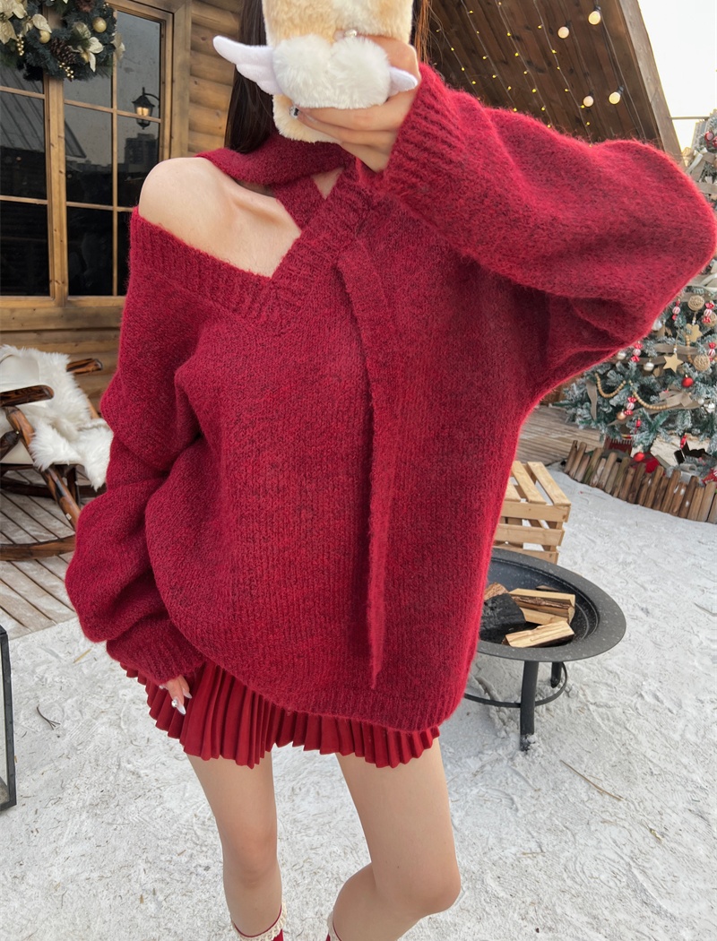 Korean style V-neck halter loose cross slim sweater