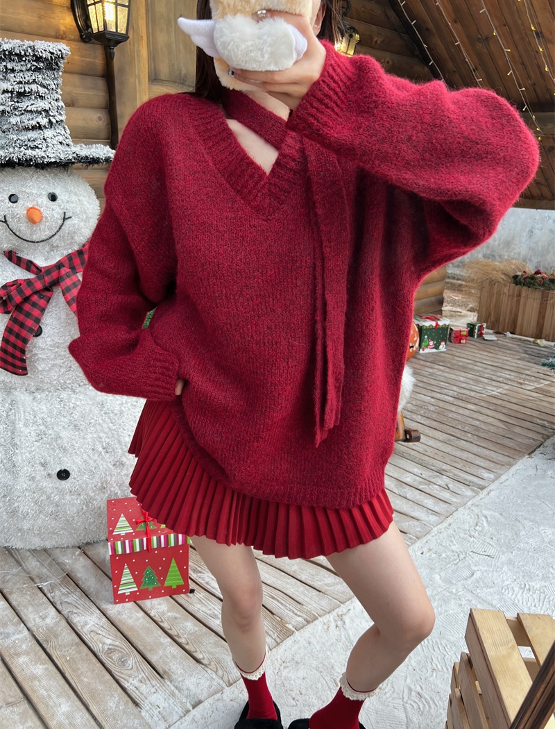 Korean style V-neck halter loose cross slim sweater