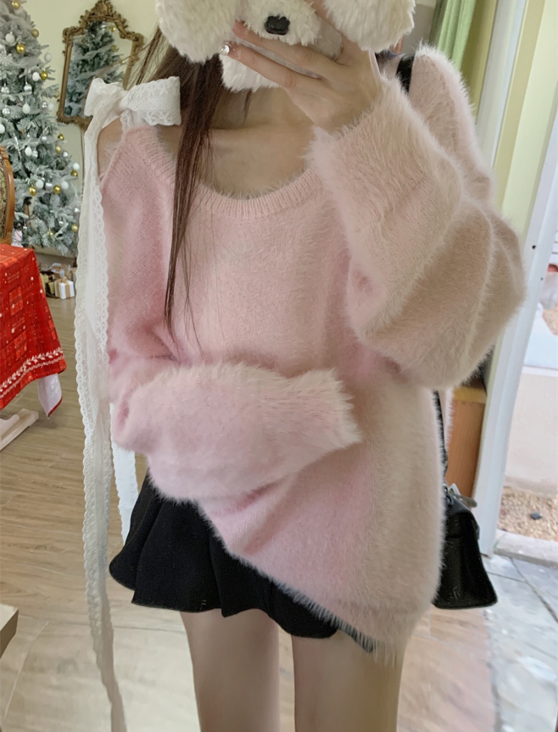 White slim tender fluffy streamer loose lazy sweater