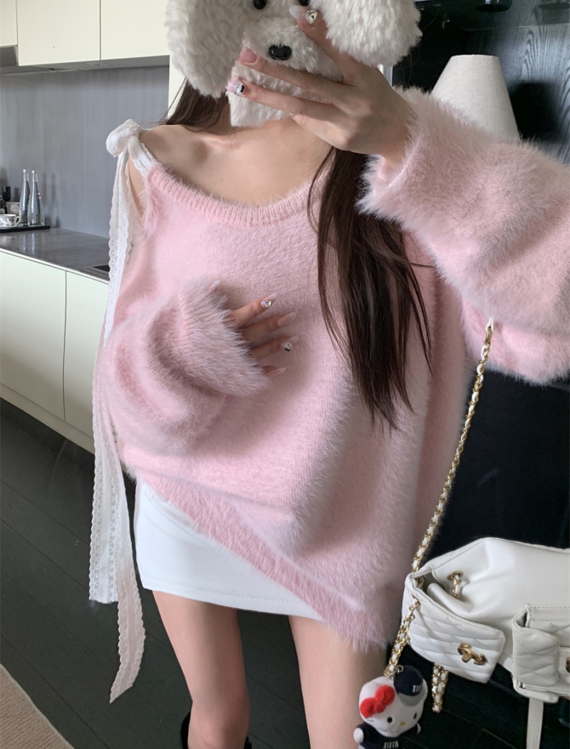 White slim tender fluffy streamer loose lazy sweater