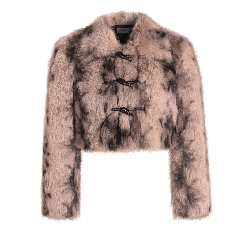 Short leopard faux fur horn buckle coat