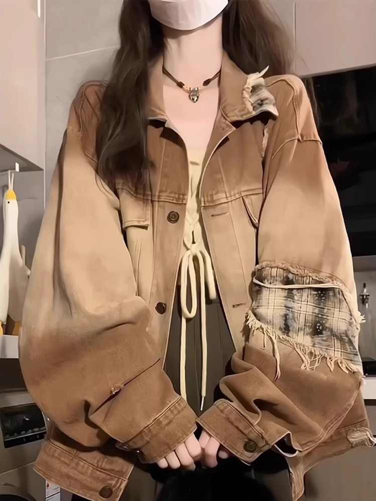 Mixed colors washed tops American style coat for women