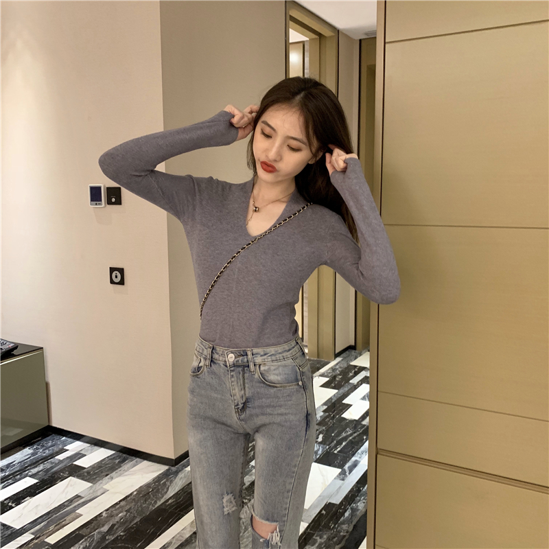 Autumn slim bottoming shirt V-neck long sleeve tops