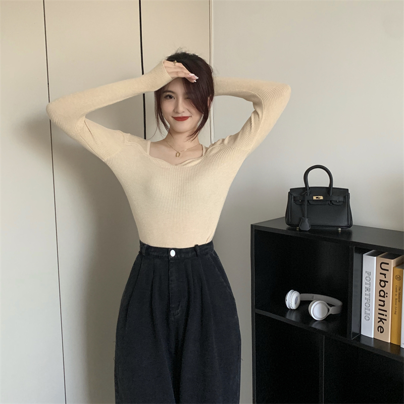 Knitted all-match square collar pure tops for women