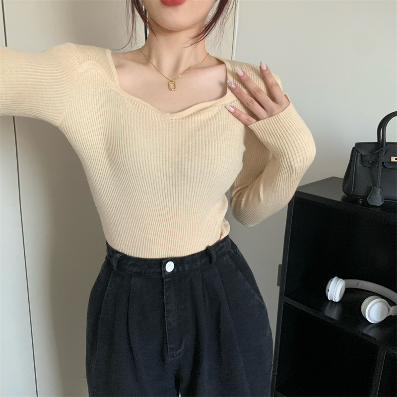 Knitted all-match square collar pure tops for women