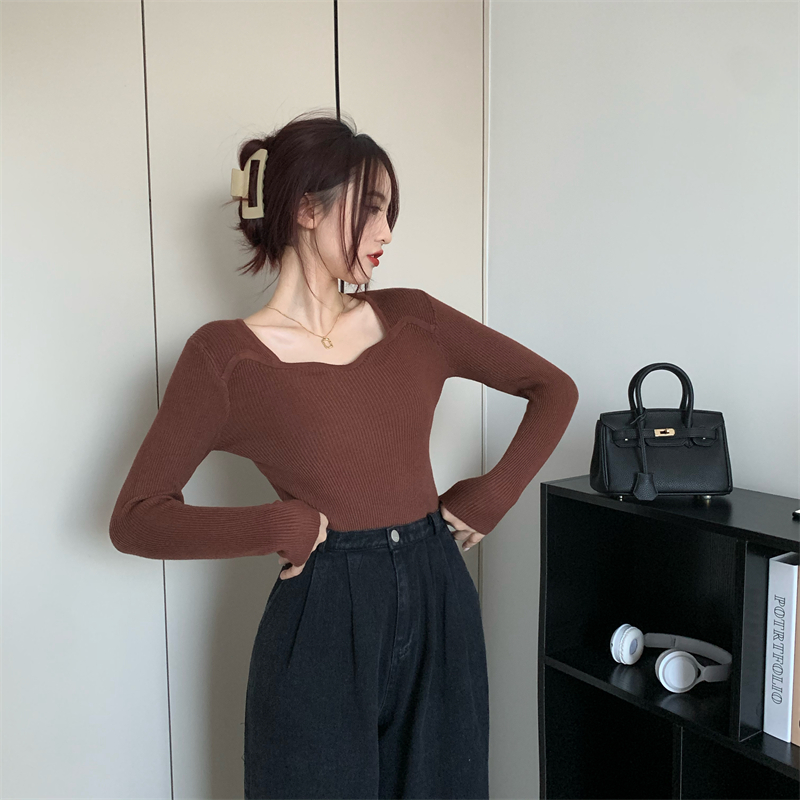 Knitted all-match square collar pure tops for women