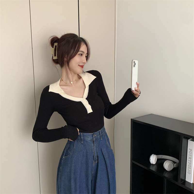 Autumn and winter lapel tops long sleeve sweater