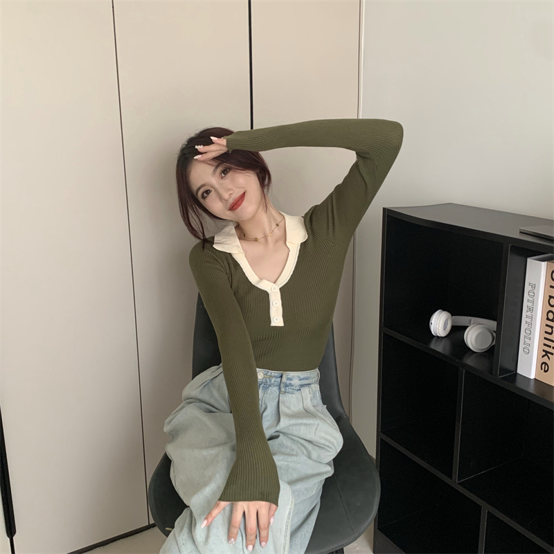 Autumn and winter lapel tops long sleeve sweater