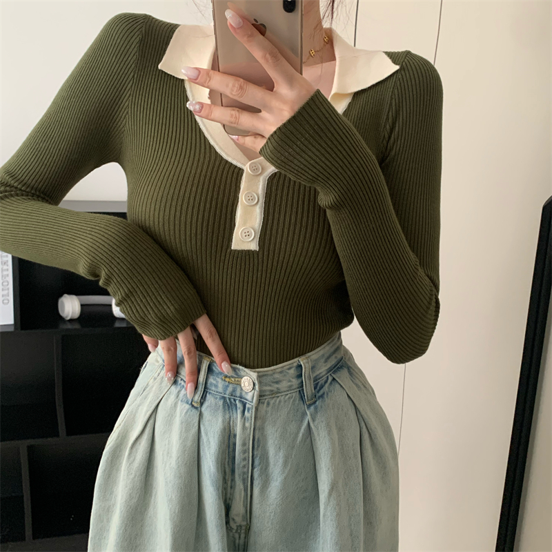 Autumn and winter lapel tops long sleeve sweater