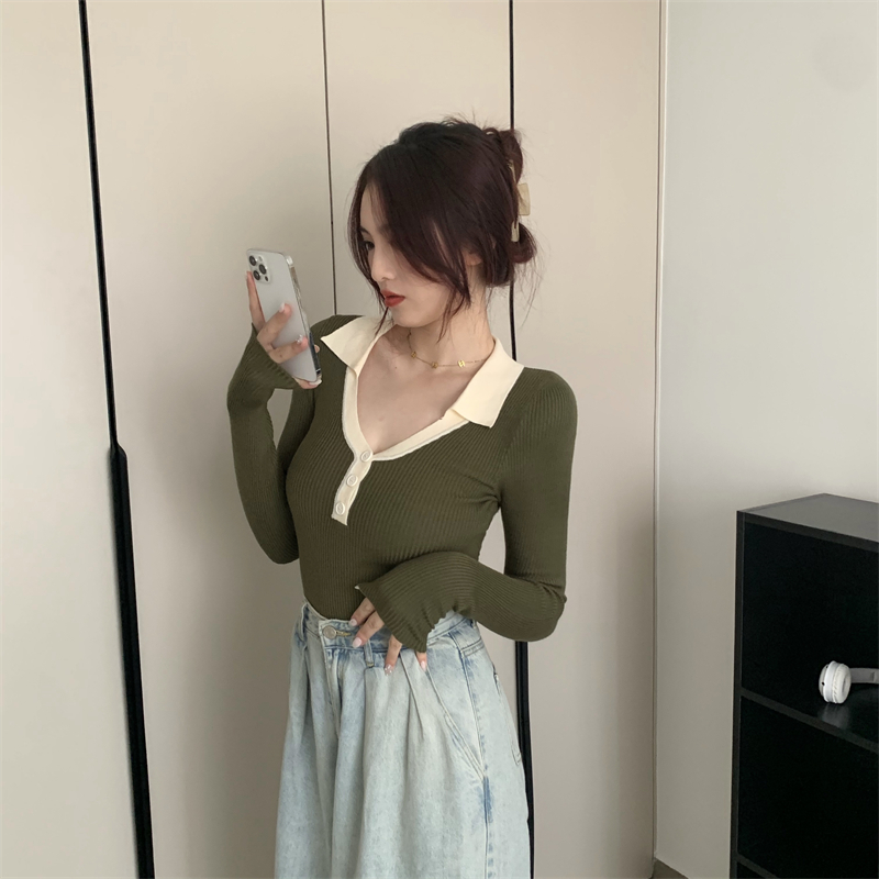 Autumn and winter lapel tops long sleeve sweater