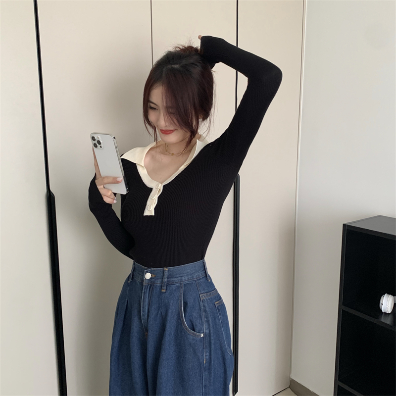 Autumn and winter lapel tops long sleeve sweater