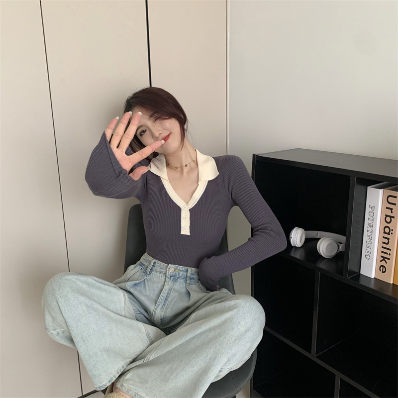 Autumn and winter lapel tops long sleeve sweater