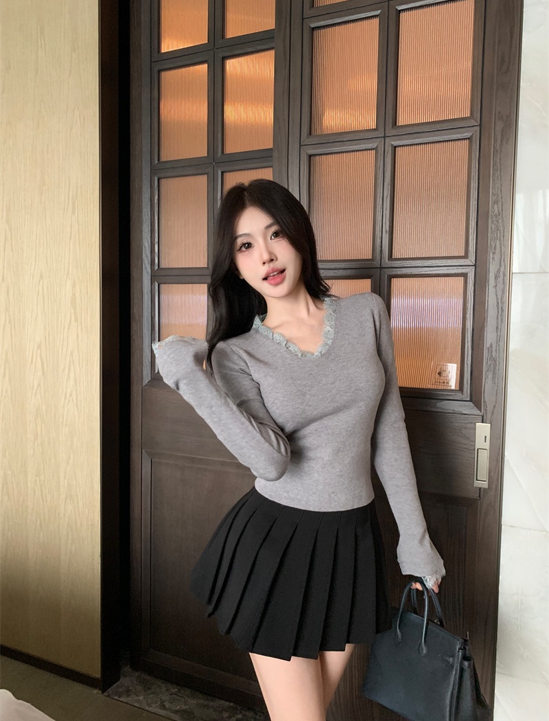 Temperament knitted tops lace winter T-shirt for women