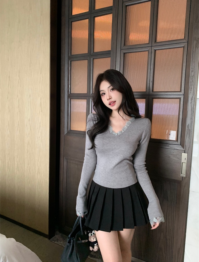 Temperament knitted tops lace winter T-shirt for women