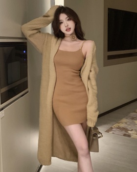 Sexy loose strap dress lazy long sweater 2pcs set