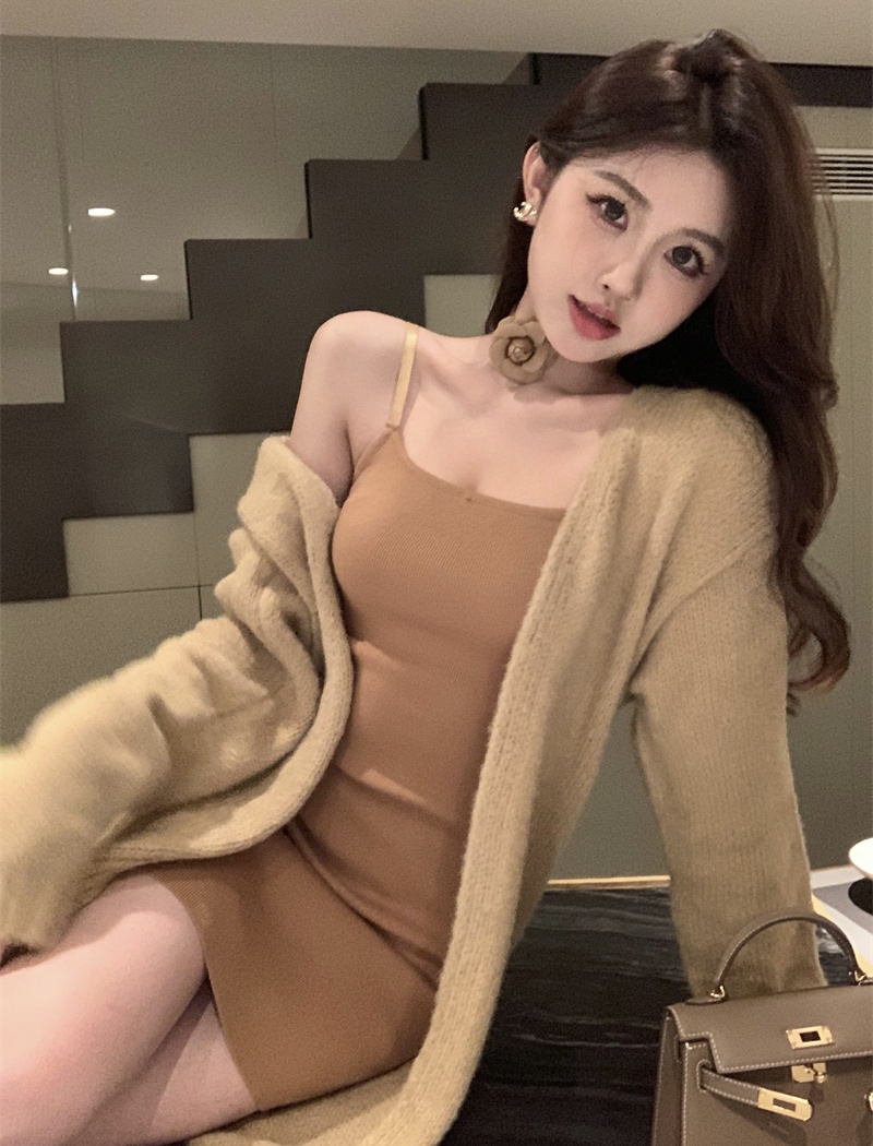 Sexy loose strap dress lazy long sweater 2pcs set