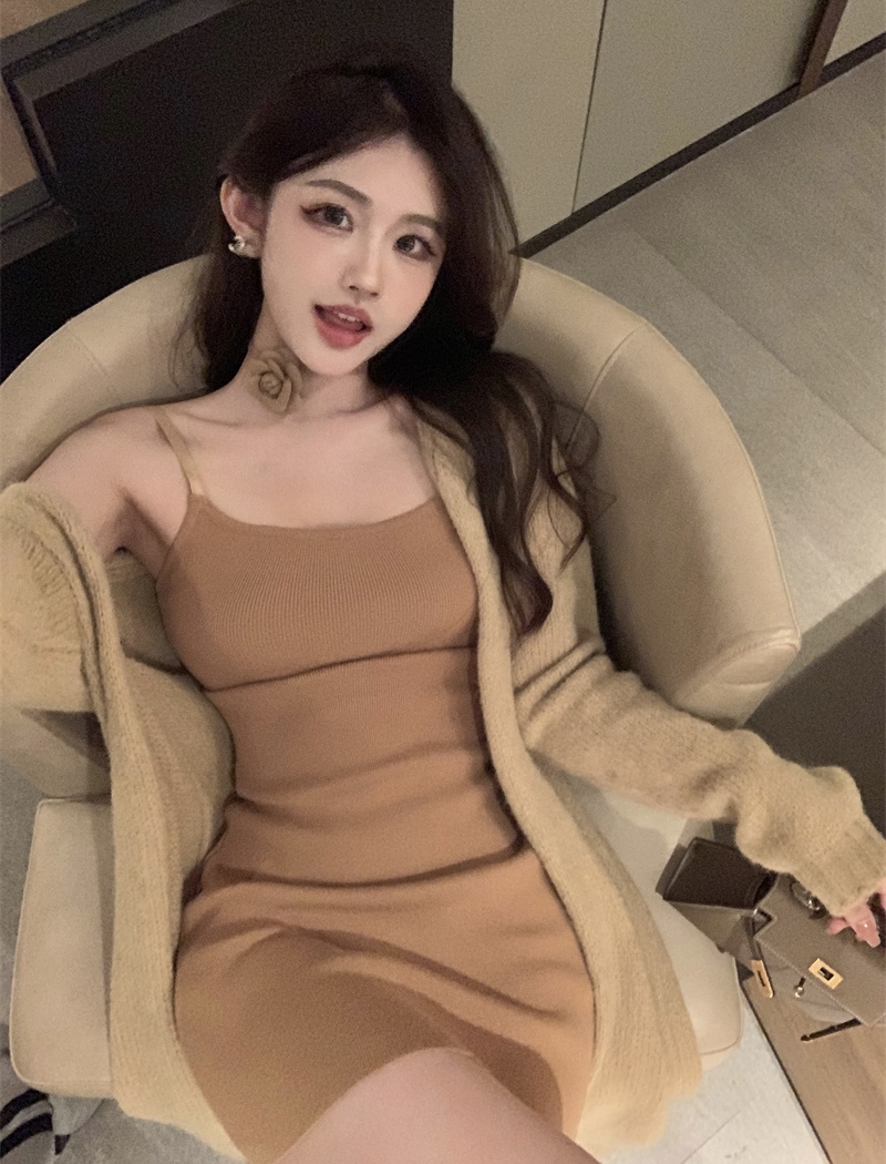 Sexy loose strap dress lazy long sweater 2pcs set