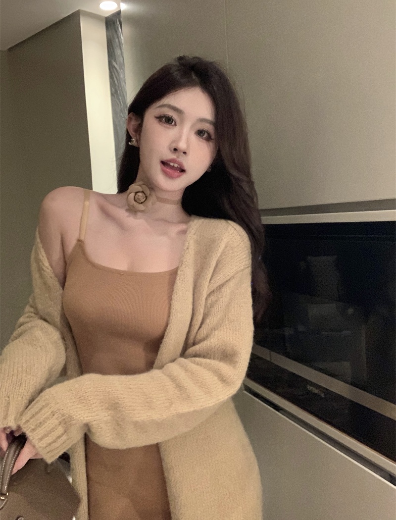 Sexy loose strap dress lazy long sweater 2pcs set