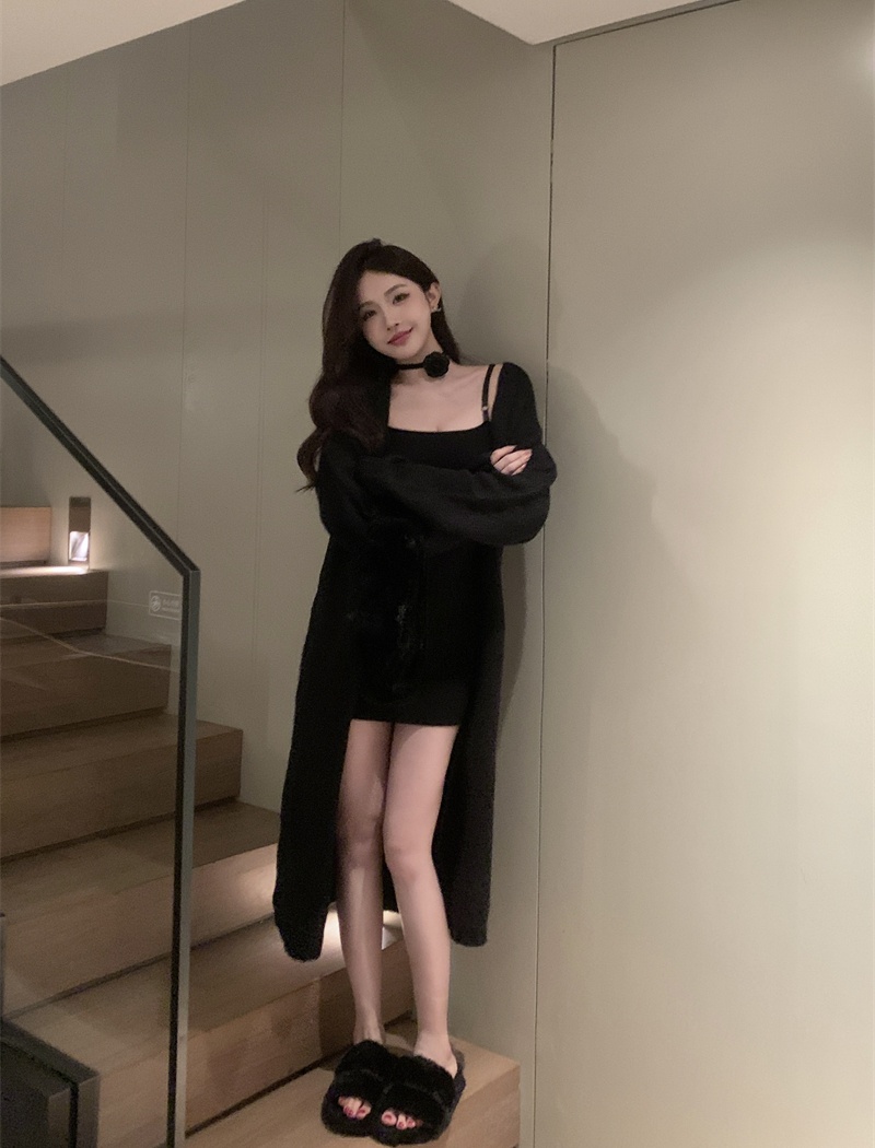 Sexy loose strap dress lazy long sweater 2pcs set