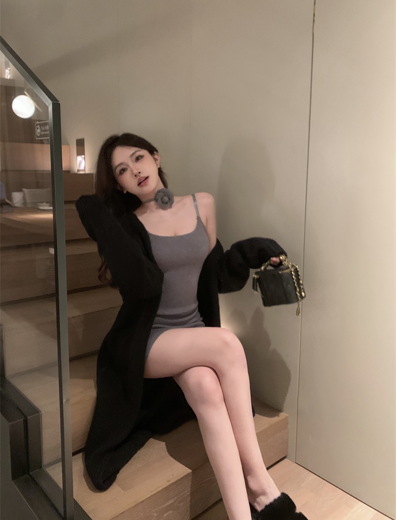 Sexy loose strap dress lazy long sweater 2pcs set