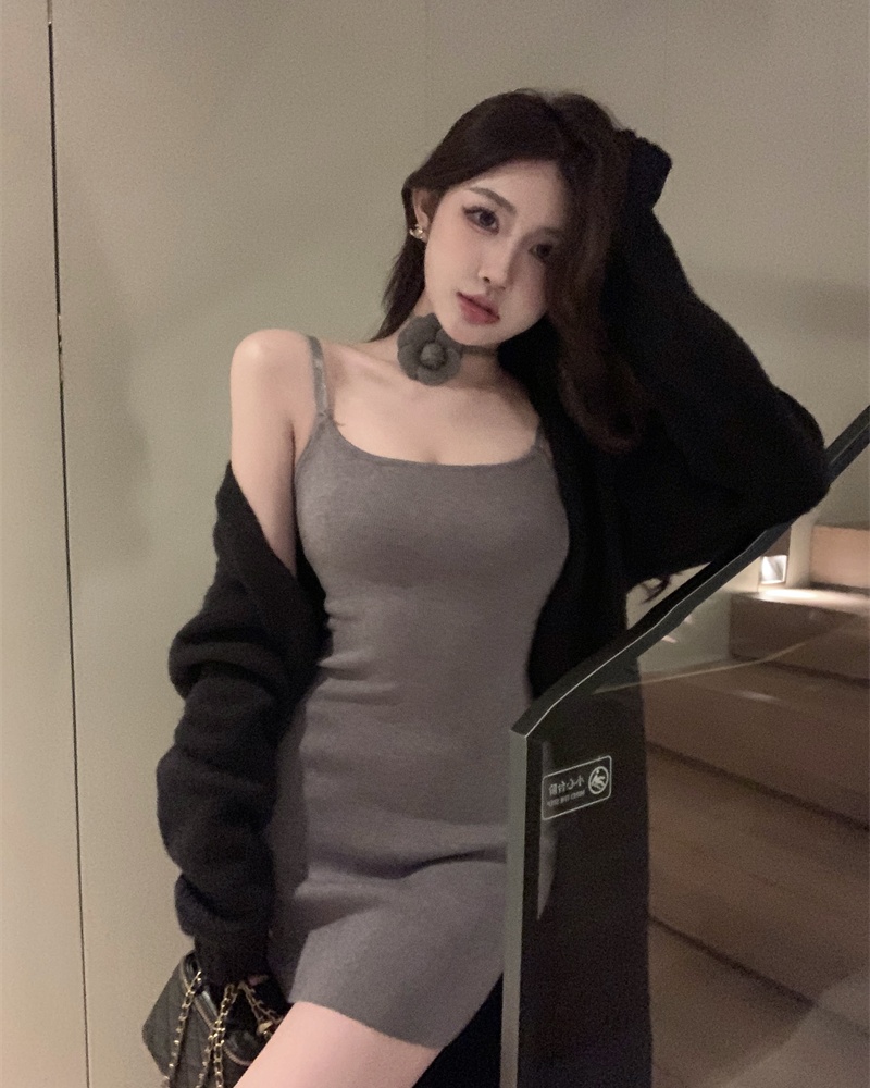 Sexy loose strap dress lazy long sweater 2pcs set