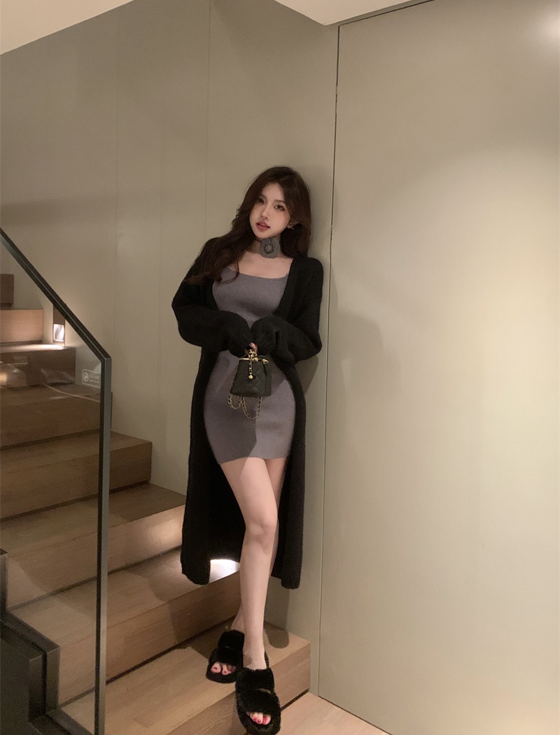 Sexy loose strap dress lazy long sweater 2pcs set