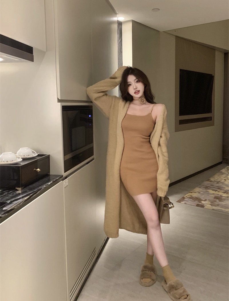 Sexy loose strap dress lazy long sweater 2pcs set