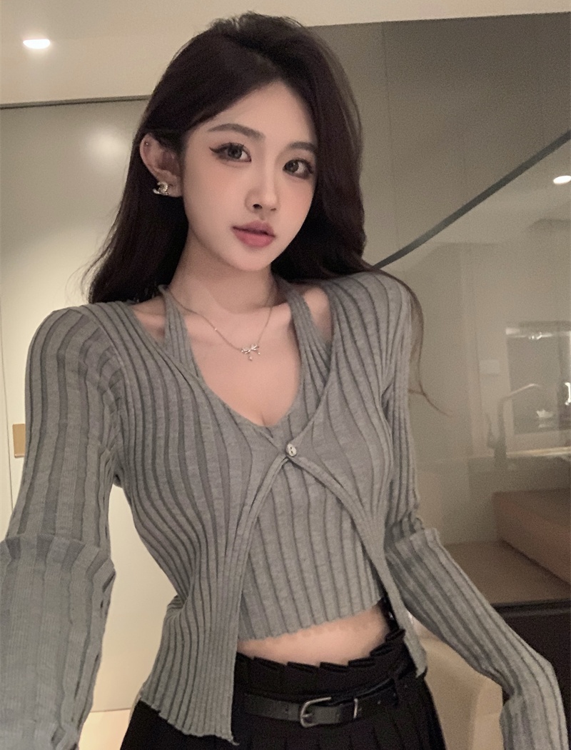 Slim Pseudo-two unique sweater niche V-neck tops