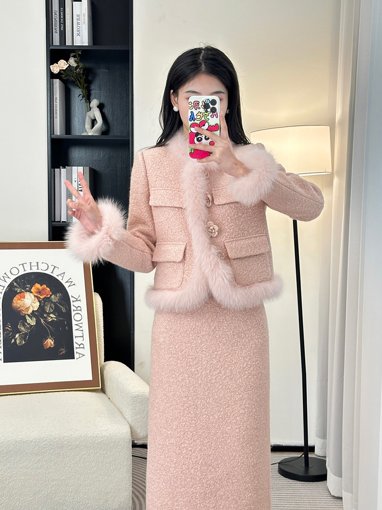 Fox fur thermal short coat thick chanelstyle skirt a set