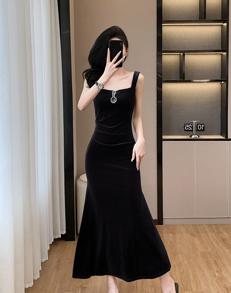 Velvet bottoming long dress inside the ride slim dress