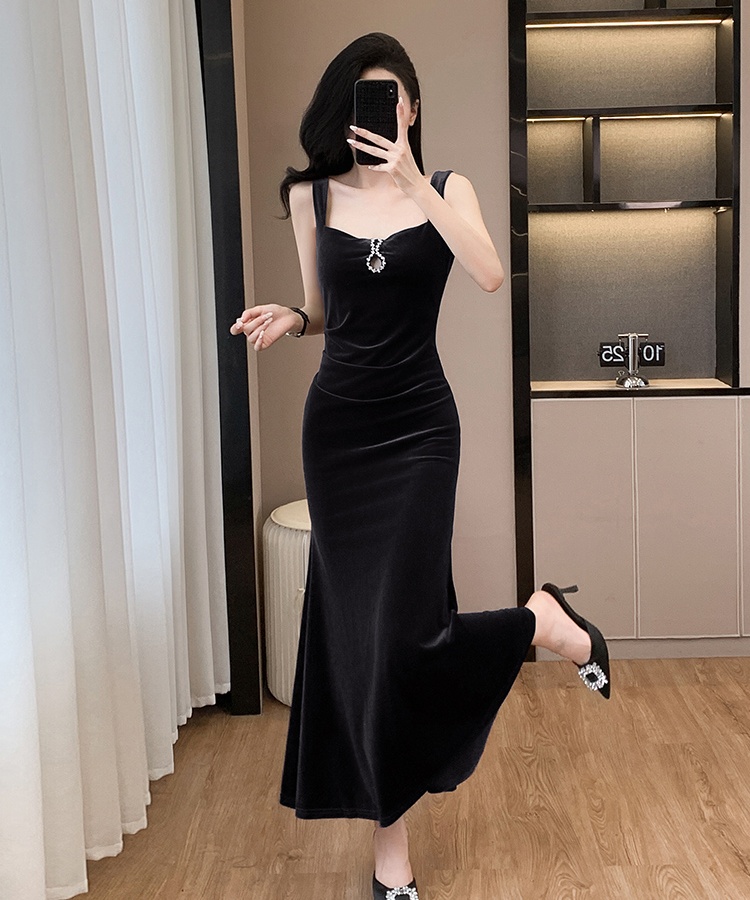 Velvet bottoming long dress inside the ride slim dress